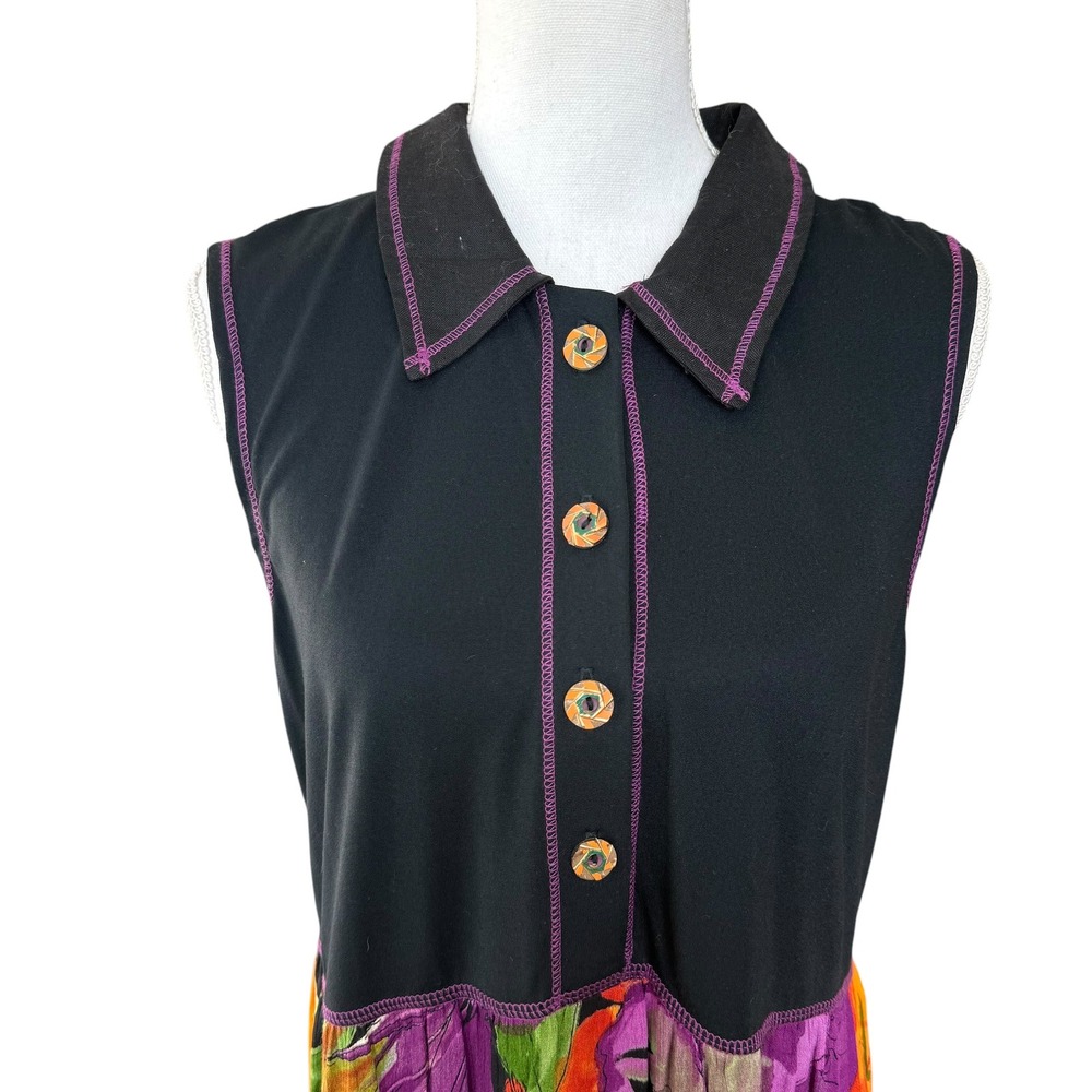 Carole Little Sleeveless Maxi Dress Black Floral Tropical Button Front USA 10 - Picture 2 of 10